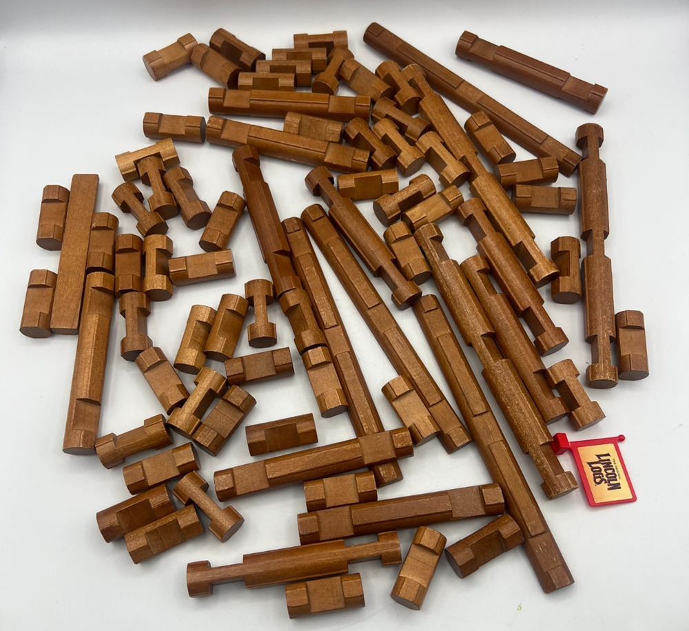 Vintage Lincoln Logs 77 Piece Lot Original Wooden Building Logs Parts + Flag